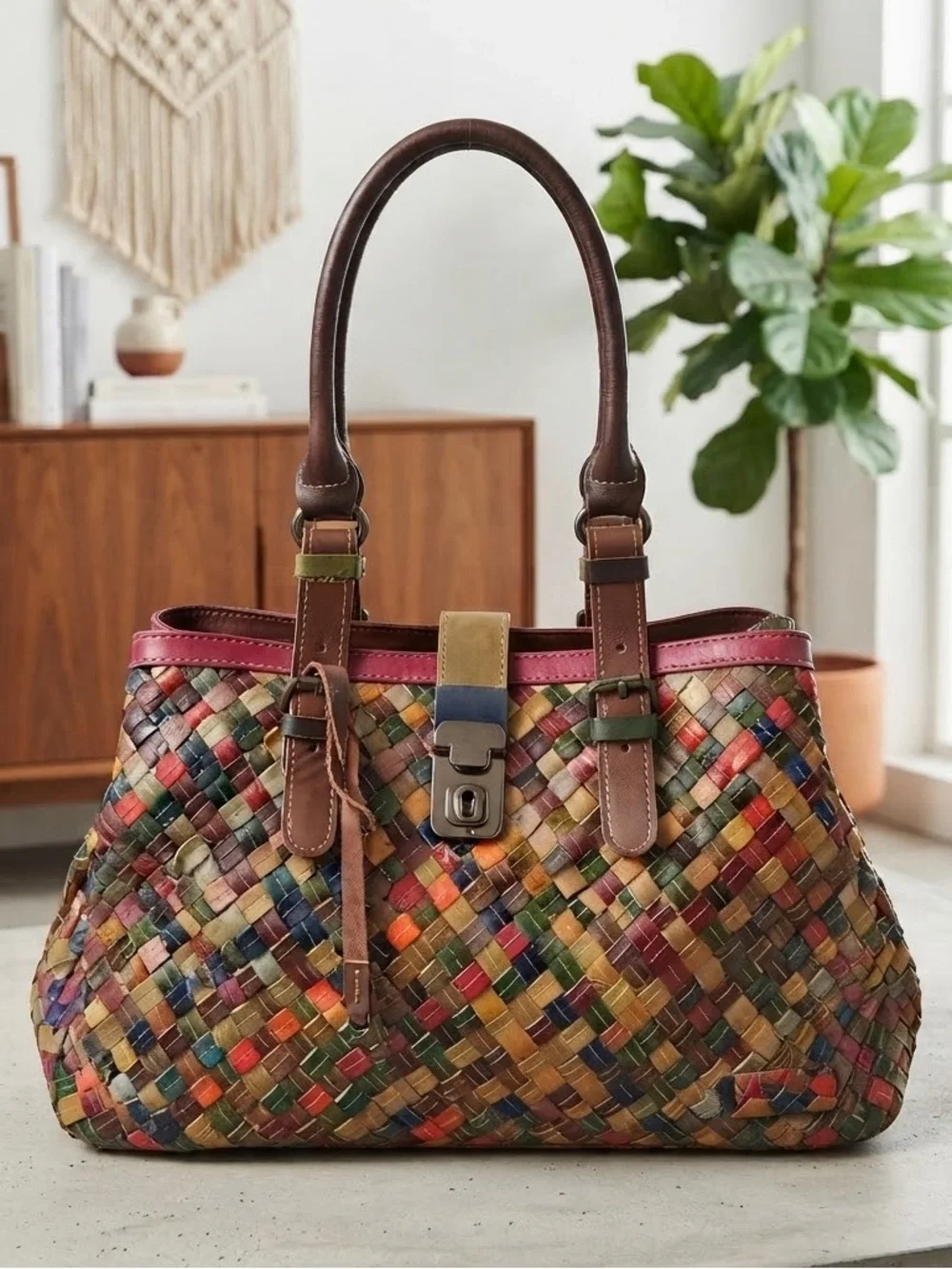 Multi-color Leather Hand-woven Handbag Shoulder Purse Bags Unbranded